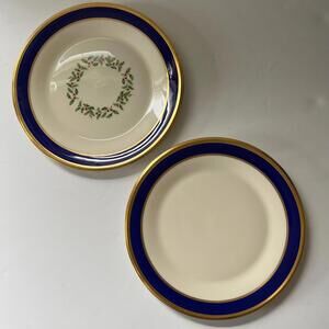Vintage Set of 2 Lenox Holiday Plates Made in USA | Gold Trim, Cobalt Blue Rim